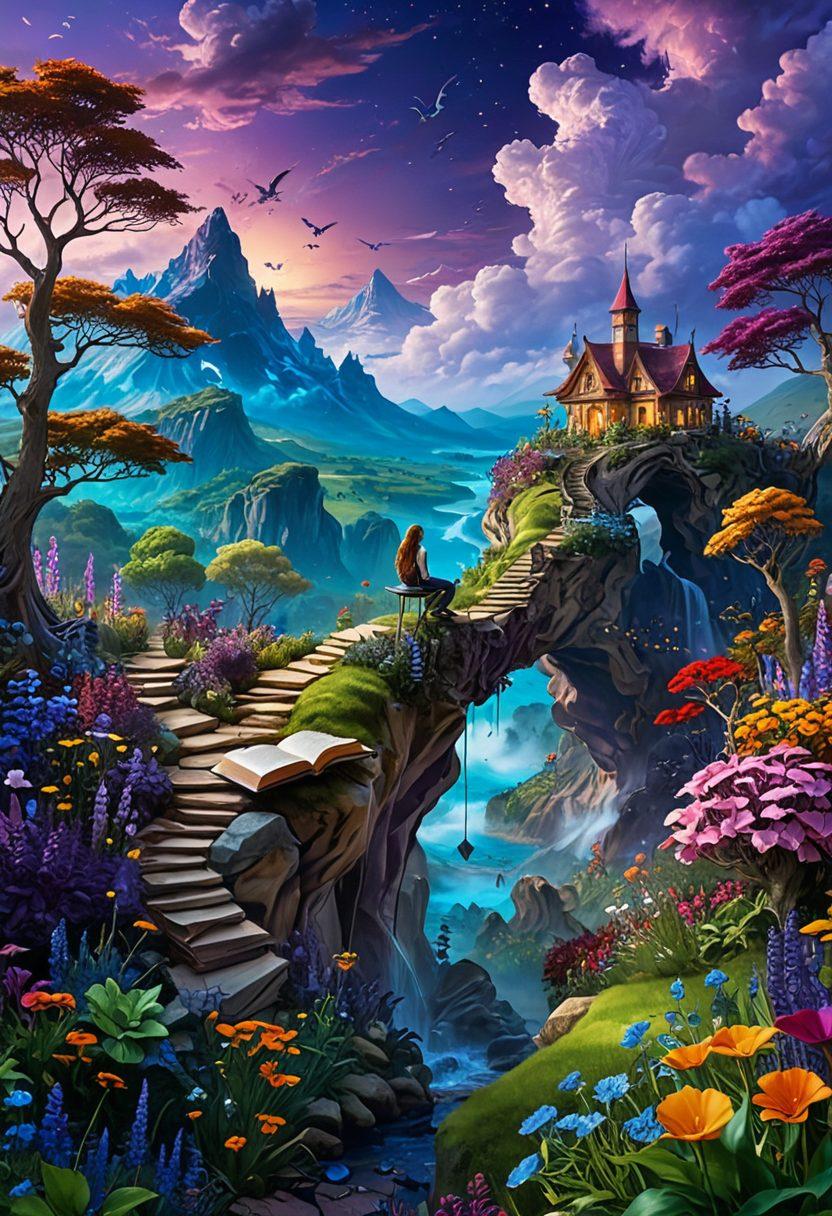 A surreal landscape merging fantastical elements from literature and art, featuring ethereal realms with vibrant colors, mythical creatures soaring through a purple sky, open books transforming into lush gardens, and dreamlike, oversized artistic tools scattered across the terrain. The scene evokes a sense of exploration and freedom beyond traditional boundaries. highly imaginative. vibrant colors. super-realistic.