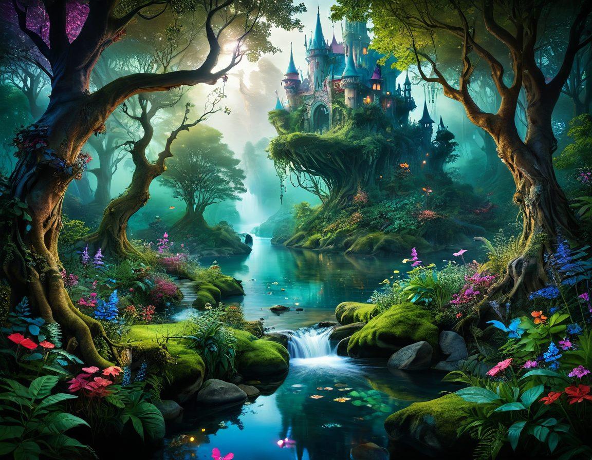 A whimsical landscape depicting a dreamy fantasy world filled with vibrant colors, where mythical creatures and seductive figures intertwine amidst lush forests and sparkling rivers. The scene should convey a sense of enchantment and allure, with elements of mystery and desire subtly woven into the artwork. Ethereal lighting enhances the magical atmosphere. surreal art. vibrant colors. enchanting details.