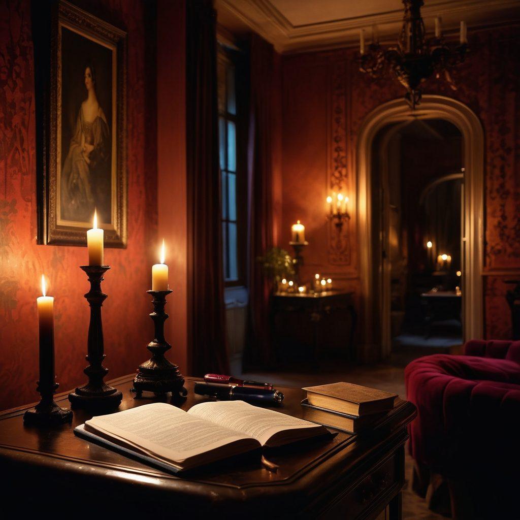 A luxurious, dimly-lit room adorned with rich fabrics and soft candlelight, featuring an open notebook and a vintage fountain pen. Silhouettes of passionate couples intertwined in the background, symbolizing the art of erotic storytelling. Mysterious shadows dance across the walls, inviting intrigue and seduction. Elements of sensuality and creativity merge, creating a captivating atmosphere. moody lighting. sensual art style. vibrant colors.